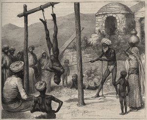 Der Fakir in Indien - Die Fakire (Faquir) in Indien - wurde an den Füßen an einer Holzstange aufgehängt - Gravur von 1892 in „Journal des voyages“. von Anonymous Anonymous