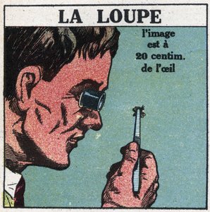 Die ersten optischen Instrumente: die Lupe. Anonyme Illustration von 1925. Private Sammlung. von Anonymous Anonymous