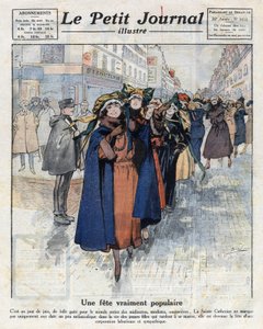 Die Reise der Catherinettes, junge unverheiratete Mädchen, die traditionelle Hüte tragen, durch die Straßen von Paris. Illustration aus „Le petit journal illustrious“ vom 04.12.1921. Private Sammlung