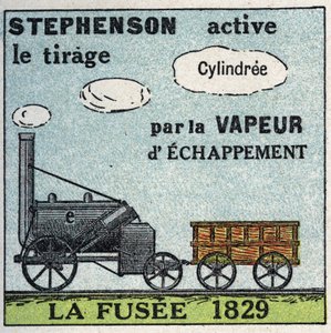 Die Lokomotive: die Rocket, erfunden von George Stephenson (1781-1848) im Jahr 1829. Anonyme Illustration von 1925. Private Sammlung.
