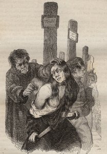 Das Zeichen im Bagne de Rochefort im 19. Jahrhundert. Gravur in „Histoire des bagnes depuis leur création à nos jours“ (1877) von Pierre Zaccone (1817-1895). Private Sammlung
