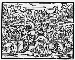 Das Mahl der Hexen am Sabbat - „Compendium Maleficarum“, behandelt Hexen, ihre Bosheit und ihre Zauberei von Francesco Maria Guazzo (1608) Private Sammlung von Anonymous Anonymous