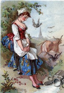 Die Milch und der Milchtopf. Fabel von Jean de La Fontaine (1621-95). Chromolithografie des 19. Jahrhunderts. Private Sammlung.