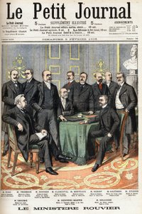 Das Ministerium von Rouvier: Unten von links nach rechts: Joseph Ruau, Landwirtschaftsminister, Gaston Thomson, Marineminister, Maurice Rouvier, Präsident des Rates und Finanzminister, Etienne Clementel.