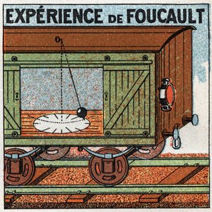 Das Pendel: Experiment des Pendels von Leon Foucault (1819-1868) im Waggon eines fahrenden Zuges. Anonyme Illustration von 1925. Private Sammlung.