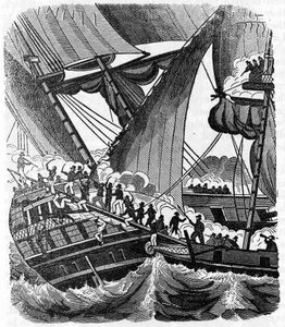 Der Pirat Jean Lafitte (1780-1826) nähert sich dem Schiff Queen East der Compagnie des Indes. Gravur aus „The pirate own book“ 1837