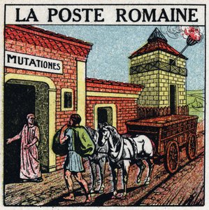 Die Post: die römische Post. Eine „Mutationes“, ein Ort, an dem Pferde für das Postwesen gemietet werden konnten, genannt „Curriculum Publicus“. Anonyme Illustration von 1925. Private Sammlung.