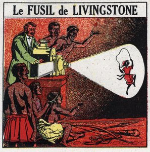 Die Projektion: Livingstones Gewehr. David Livingstone (1813-1873), schottischer Missionar und Entdecker, mit der Zauberlaterne im Balonda-Stamm in Afrika. Anonyme Illustration von 1925. Private Sammlung.