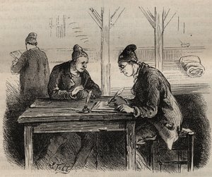 Der öffentliche Schreiber im Toulon-Bagne im 19. Jahrhundert. Gravur in „Histoire des bagnes depuis leur création à nos jours“ (1877) von Pierre Zaccone (1817-1895). Private Sammlung.