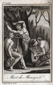 Die Bestrafung oder der Tod des Marsyas (Die Bestrafung des Marsyas) wird bestraft, weil er Apollo zur Lyra herausgefordert hat, und wird vom Bogenschützen in Anwesenheit von König Midas und den Musen gehäutet. Gravur von 1819 in „Lettres à Emilie sur la m von Anonymous Anonymous
