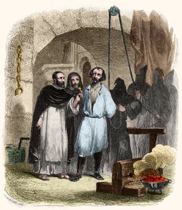Die Frage des Seils im 16. Jahrhundert. Illustration in „Geheimnisse der Inquisition und anderer Geheimgesellschaften Spaniens“ von Victor de Fereal, Suberwick, Manuel Galo de Cuendias. Veröffentlicht von P. Boizard