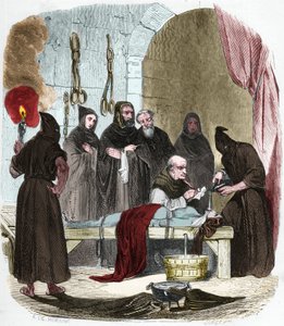 Die Wasserfrage: Pedro (Pierre) de Arbues (1441/1442 - 1485) verhört unter Folter eine junge Frau, die angeblich ihre Schwester zum Luthertum verführt hat. Mit Schnüren gefesselt, wird Wasser in ein Tuch gegossen, das in den Rachen gedrückt wird.