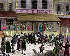 Der Salon der Wachswaren am Boulevard du Temple in Paris im 18. Jahrhundert, gegründet von Curtius, Gravur von Anonymous Anonymous