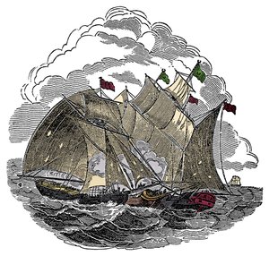 Das Schiff des Piraten Henry Every (John Avery, Long Ben, Benjamin Bridgeman) (? -1695) griff im September 1695 die Flotte des Großmoguls Aurangzeb (Alamgir) vor Surate, Indien an. Gravur aus „The Pirates Own Book“ von Charles Ellms von Anonymous Anonymous
