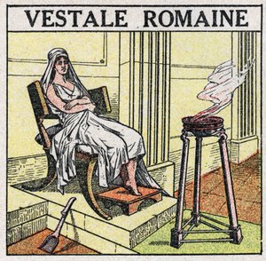 Die Lichtquellen: eine Vestalin im Römischen Reich, um ein heiliges Feuer zu erhalten, das niemals erlöschen darf. Anonyme Illustration von 1925. Private Sammlung.
