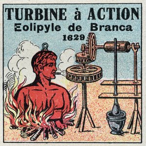 Die Dampfmaschine: Turbine hat Aktion. Eolipyle, erfunden von Giovanni Branca (1571-1645) im Jahr 1629. Anonyme Illustration von 1925. Private Sammlung.