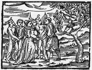 Die Hexen tanzen auf dem Sabbat zum Klang der Geige - „Compendium Maleficarum“, behandelt Hexen, ihre Bosheit und ihre Zauberei von Francesco Maria Guazzo oder Guaccio oder Guaccius (15?? -16??) 1608 Private Sammlung