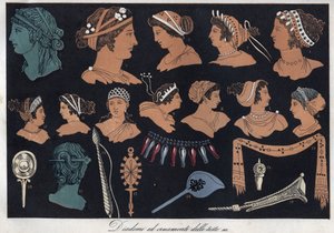 Tiaras und Kopfschmuck im antiken Griechenland - Gravur aus „Usi e Costumi di Tutti i Popoli dell