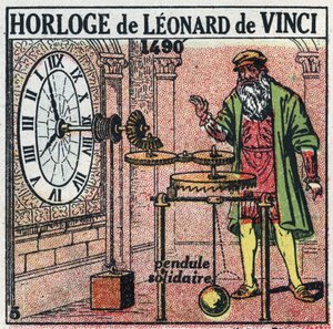Zeit: Gewichtsuhr erfunden von Leonardo da Vinci (1452-1519) im Jahr 1490. Sie ersetzt das Pendel durch eine vertikale Balance. Anonyme Illustration von 1925. Private Sammlung.