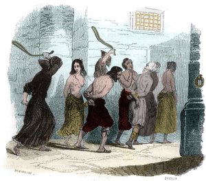 Folter während der Inquisition in Spanien im 16. Jahrhundert: Die Pein der Peitsche. Illustration in „Mysteres of the Inquisition and Other Secret Societies of Spain“ von Victor de Fereal, Suberwick, Manuel Galo de Cuendias. Veröffentlicht von P. Boizard von Anonymous Anonymous