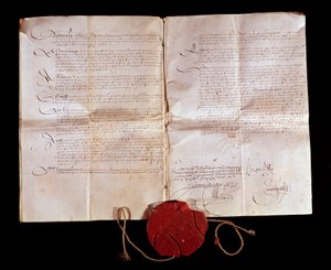 Vertrag von Cateau-Cambrésis zwischen Heinrich II. (1519-1589) und Philipp II. von Spanien am 3.04.1559. Frankreich gibt seine italienischen Gebiete an Spanien zurück. Dieser Vertrag beendete die Italienischen Kriege. Paris, Nationalarchiv