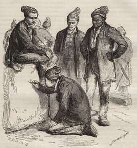 Arten von Galerien aus dem Bagne von Brest im 19. Jahrhundert. Gravur in „Histoire des bagnes depuis leur création à nos jours“ (1877) von Pierre Zaccone (1817-1895). Private Sammlung