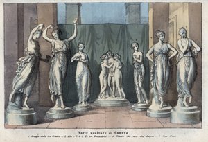 Verschiedene Skulpturen von Canova - Die drei Grazien - Hebe - Die drei Grazien tanzen - Venus Italica - Muse - Gravur aus „Usi e Costumi di Tutti i Popoli dell