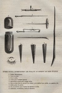 Verschiedene Werkzeuge, die die Sträflinge bei ihrer Flucht mitnehmen. Gravur in „Histoire des bagnes depuis leur création à nos jours“ (1877) von Pierre Zaccone (1817-1895).