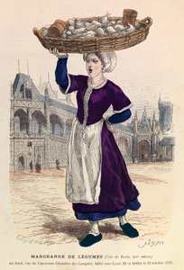Gemüseverkäufer in Paris im 16. Jahrhundert (im Hintergrund, Ansicht der ehemaligen Rechnungskammer, erbaut unter Ludwig XI. und am 27. Oktober 1737 abgebrannt)