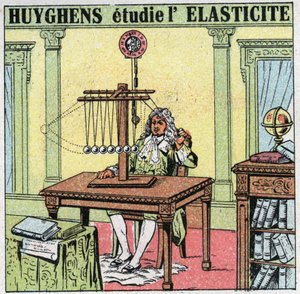 Schwingungsbewegungen: Christiaan Huygens (1629-1695) untersucht die Elastizität des Materials durch Beobachtung von Elfenbeinkugeln. Anonyme Illustration von 1925. Privatsammlung.