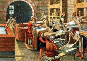 Ansicht einer Papiermanufaktur in Fabriano im 16. Jahrhundert, Italien. Die verschiedenen Schritte. Illustration. Private Sammlung - Eine Papiermanufaktur in Fabriano (Italien)