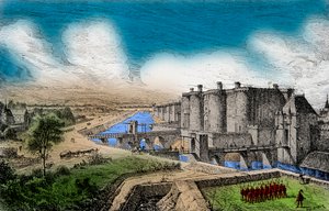 Ansicht der Bastille mit ihren umliegenden Mauern unter König Karl V. dem Weisen (1338-1380), Gravur, Private Sammlung von Anonymous Anonymous