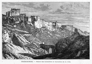 Ansicht des Palais des Comes und der Stadtmauern von Trapezunt (Türkei). Gravur in „Les Missions Catholiques au XIXème Siècle“ von Louis-Eugène Louvet. Private Sammlung.