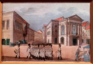 Ansicht des Prager Nationaltheaters zur Zeit der österreichischen Besatzung. Gravur und Aquarell, 18. Jahrhundert