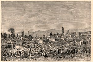 Ansicht der Stadt Erzurum in Armenien (heute Türkei). Gravur in „Les Missions Catholiques au XIXème Siècle“ von Louis-Eugène Louvet. Private Sammlung.