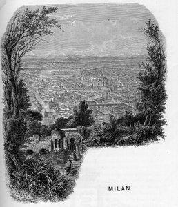 Ansicht der Stadt Mailand (Milano), Italien. Gravur von 1859 in „Les galeries de l