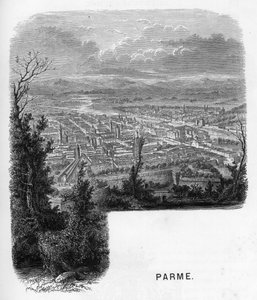 Ansicht der Stadt Parma (Parma), Italien. Gravur von 1859 in „les galeries de l