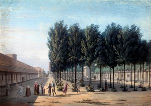 Ansicht des Hofes der Paisibles im Hospiz von Bicetre. Der Spaziergang der Geisteskranken im Krankenhaus im Jahr 1824 von Anonymous Anonymous