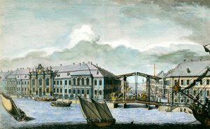 Ansicht des ehemaligen Winterpalastes an der Moika und dem Newa-Kanal in Sankt Petersburg. Gravur aus dem 18. Jahrhundert. Sankt Petersburg, Eremitage-Bibliothek von Anonymous Anonymous