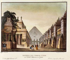 Ansicht des Tempels der Isis, Szenografie für das Ballett „Ottaviano in Egitto“ von Giovanni Galzerani (1828). Lithografie in „Raccolta di invenzioni sceniche del 1830 di Alessandro Sanquirico“. Mailänder Privatsammlung von Anonymous Anonymous
