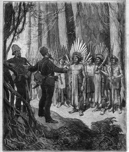 Reise von Henri Coudreau (1859-1899), Professor für Geographie und Forscher im Indianergebiet von Guyana - er wurde von Roucouyan-Chefs empfangen - Gravur in „Journal des voyages“ von 1889. von Anonymous Anonymous