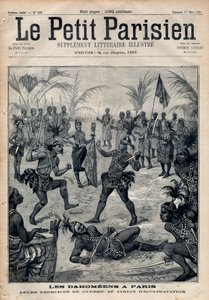 Kriegsexerzitien: Amazonen, Krieger und Feticheure aus Dahomey (heute Benin) aus dem Garten der Akklimatisation in Paris (Menschlicher Zoo). Gravur in „Le petit Parisien“ von 1891. Private Sammlung.