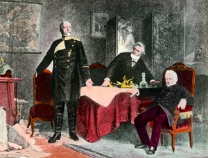 Krieg von 1870: Politisches Gespräch zwischen Kanzler Bismarck (1815-1898), Jules Favre (1809-1880) und Adolphe Thiers (1797-1877). Gravur um 1870. Private Sammlung von Anonymous Anonymous