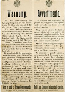 Warnung nach der Flucht italienischer Kriegsgefangener am 16. Februar 1916, die die österreichische Bevölkerung auffordert, ihnen nicht zu helfen von Anonymous Anonymous