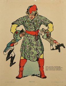 Wilhelm II. von Preußen und Franz Joseph I. von Österreich vom Hals eines russischen Riesen gehalten. - Russische Propaganda im Ersten Weltkrieg. Poster von anonym von Anonymous Anonymous
