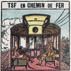 Drahtlose Telefonie: T.S.F. in einem Eisenbahnwagen. Anonyme Illustration von 1925. Private Sammlung.