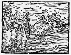 Hexe reitet auf einer Ziege - „Compendium Maleficarum“, behandelt Hexen, ihre Bosheit und ihre Zaubersprüche von Francesco Maria Guazzo oder Guaccio oder Guaccius (15?? -16??) 1608 Private Sammlung