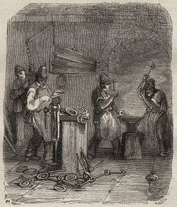 Arbeiterkräfte im Rochefort-Bagne im 19. Jahrhundert. Gravur in „Histoire des bagnes depuis leur création à nos jours“ (1877) von Pierre Zaccone (1817-1895). Private Sammlung.