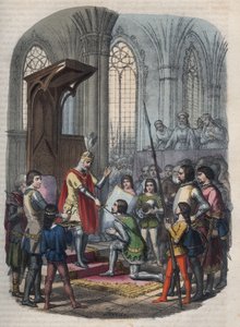 Ritterschlag - Arthur I., Herzog der Bretagne oder Arthur Plantagenet, nach der Einnahme von Gournay-en-Bray, wird von Philipp II. oder Philipp August zum Ritter geschlagen