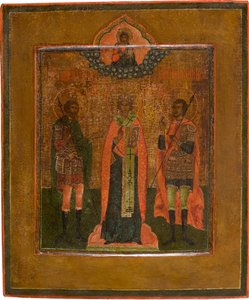 Heilige Menas, Nikita von Nowgorod und Johannes der Krieger, erstes Viertel des 19. Jahrhunderts von Anonymous Russian icon painter